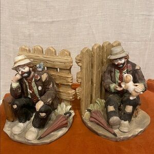 Vintage sad Clown Bookends sitting on bench Emmett Kelly jr.